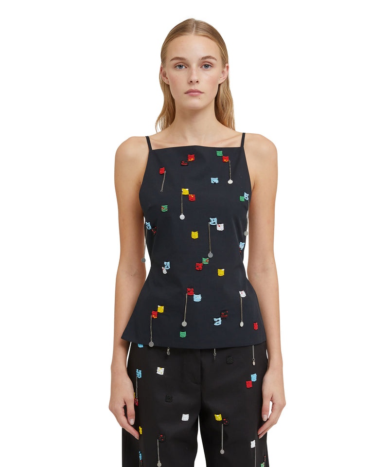 Black MSGM Poplin Top With Suspenders And Embroidered Beads | USA_MSGM78402