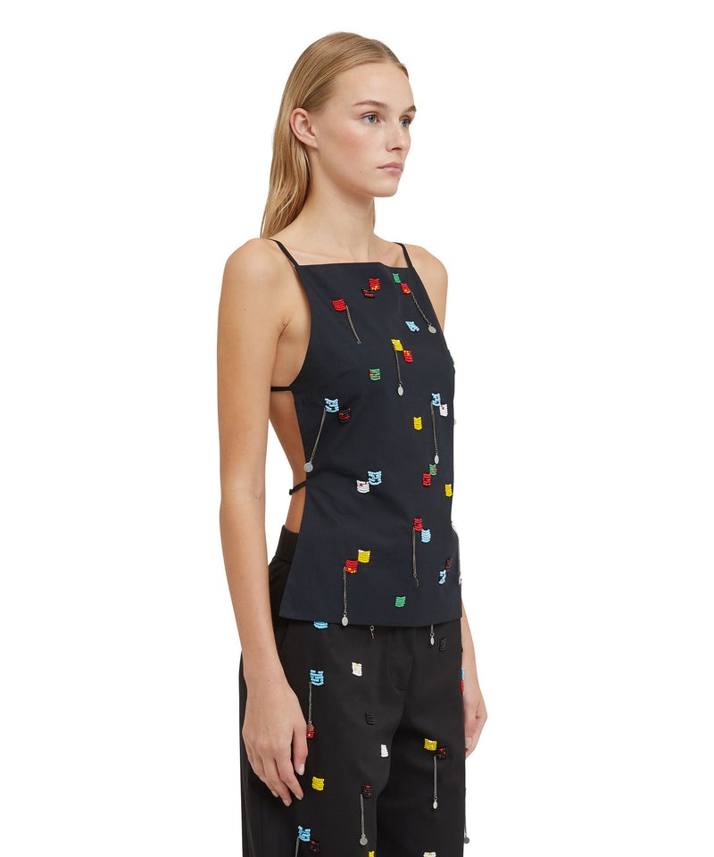 Black MSGM Poplin Top With Suspenders And Embroidered Beads | USA_MSGM78402