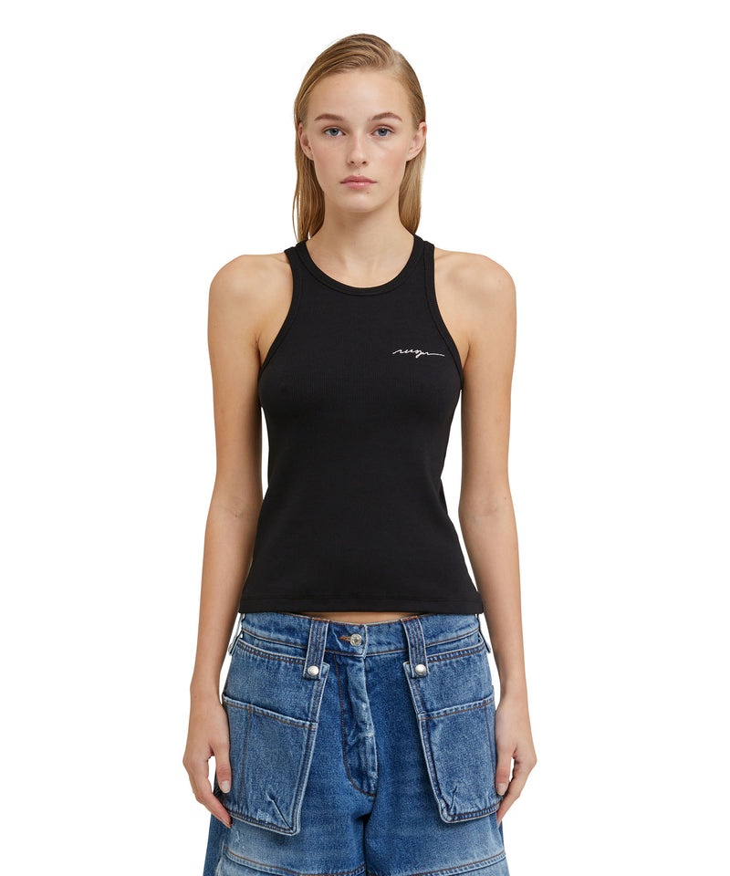 Black MSGM Ribbed Jersey Tank Top With Embroidered Cursive Logo | USA_MSGM76821