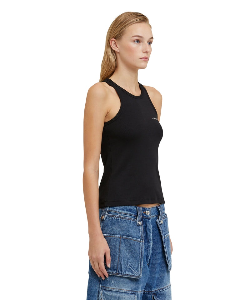 Black MSGM Ribbed Jersey Tank Top With Embroidered Cursive Logo | USA_MSGM76821