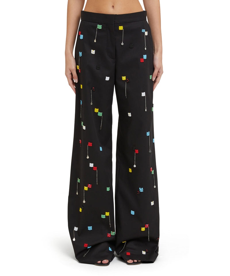 Black MSGM Stretch Cotton Gabardine Roomy Pants With Embroidered Beads | USA_MSGM85346