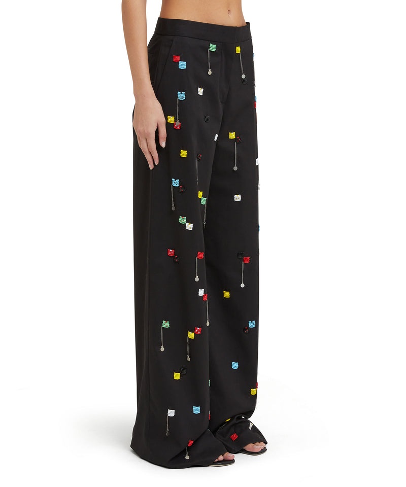 Black MSGM Stretch Cotton Gabardine Roomy Pants With Embroidered Beads | USA_MSGM85346