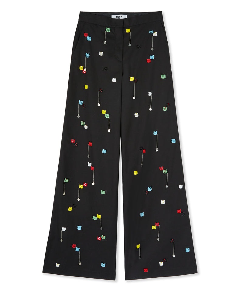 Black MSGM Stretch Cotton Gabardine Roomy Pants With Embroidered Beads | USA_MSGM85346