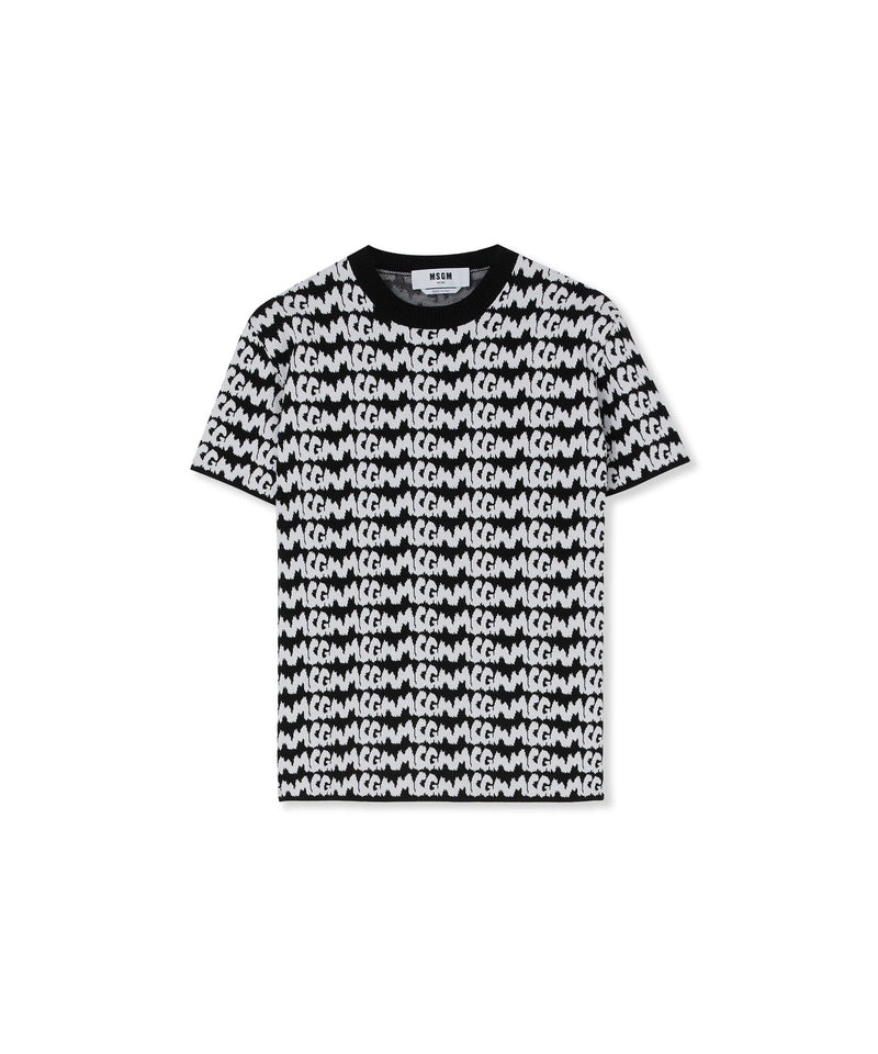 Black MSGM Viscose T-shirt With New Jaquard Brushstroke Logo All Over | USA_MSGM45399