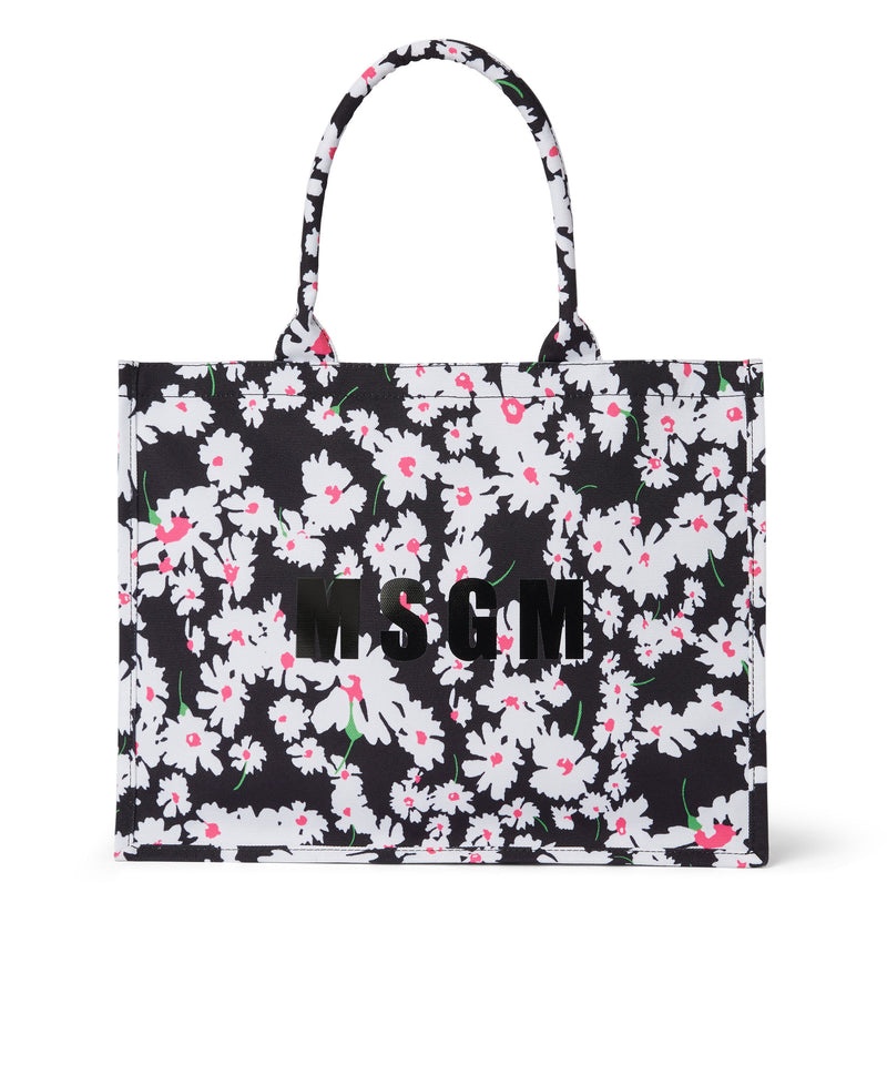 Black / Pink MSGM Canvas Tote Bag With Daisy Print | USA_MSGM53111