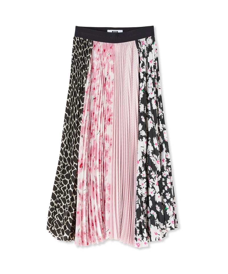 Black / Pink MSGM Long Pleated Skirt With Patchwork Print And Elasticized Waistband | USA_MSGM24361