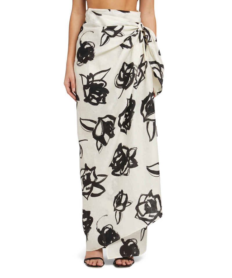 Black / White MSGM Blended Linen Wrap Skirt With Brushstroke Rose Print | USA_MSGM92167