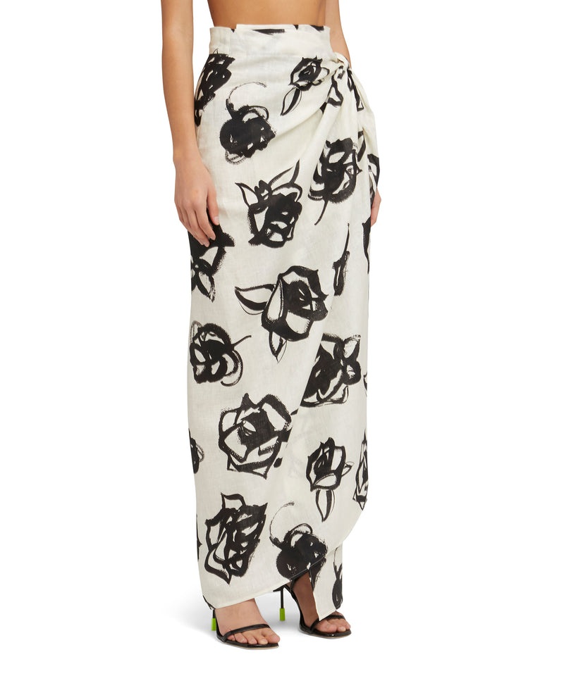 Black / White MSGM Blended Linen Wrap Skirt With Brushstroke Rose Print | USA_MSGM92167