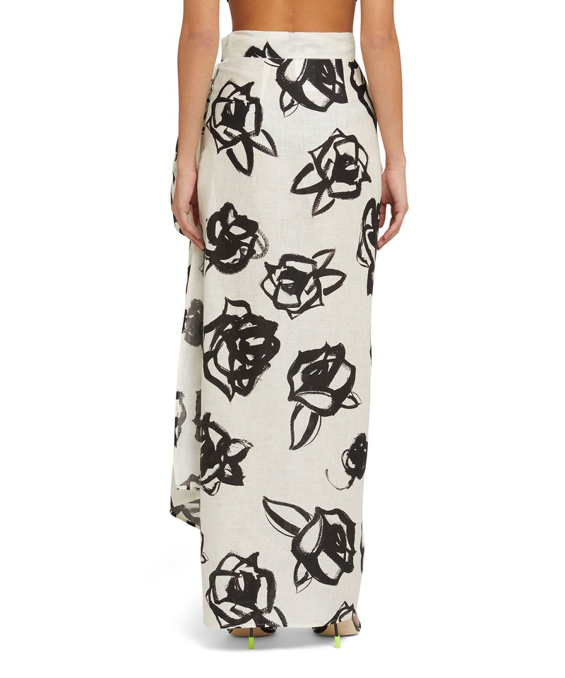 Black / White MSGM Blended Linen Wrap Skirt With Brushstroke Rose Print | USA_MSGM92167