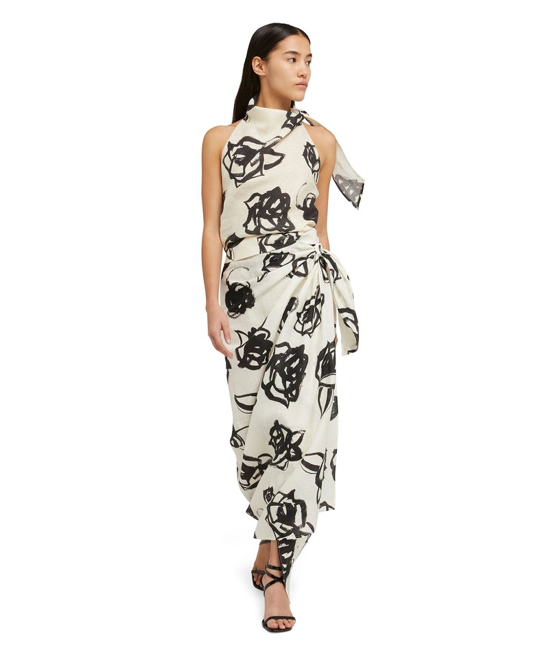 Black / White MSGM Blended Linen Wrap Skirt With Brushstroke Rose Print | USA_MSGM92167