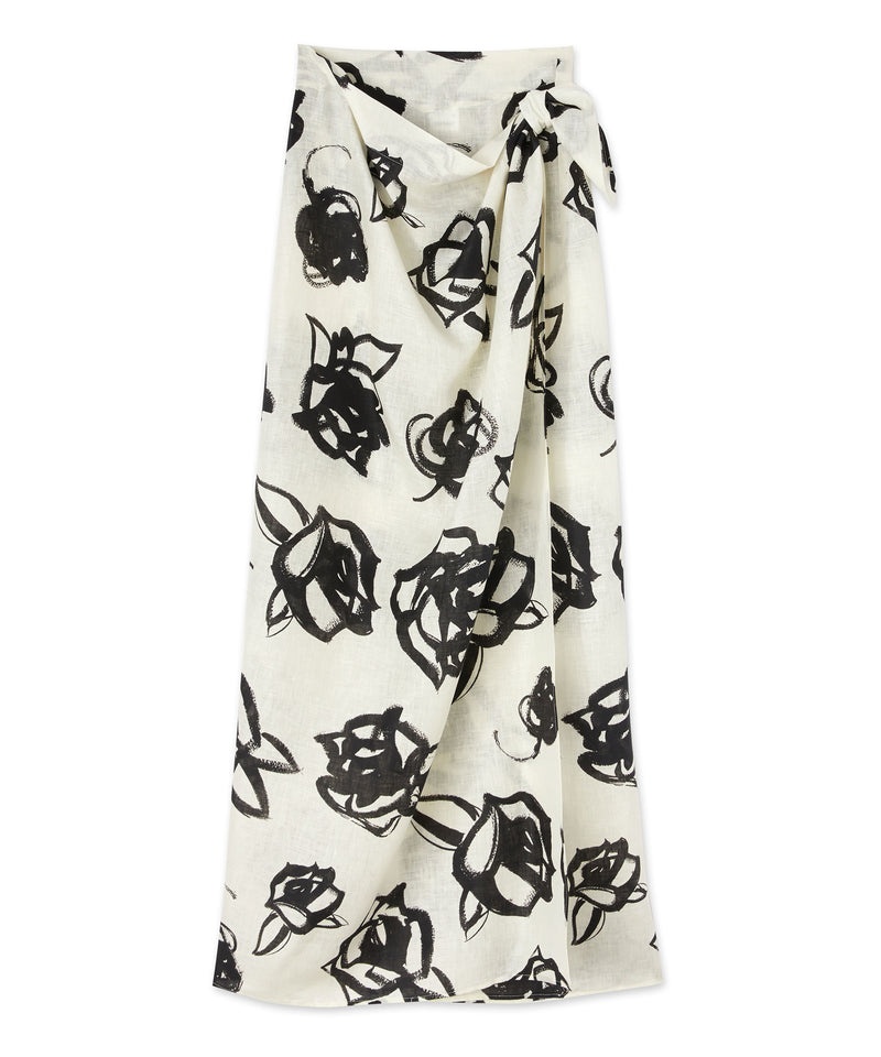 Black / White MSGM Blended Linen Wrap Skirt With Brushstroke Rose Print | USA_MSGM92167