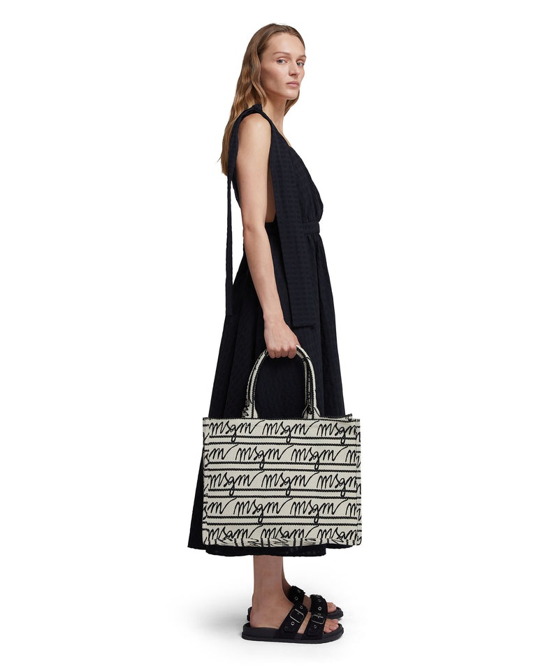 Black / White MSGM Canvas Tote Bag With Jacquard Logo | USA_MSGM44508