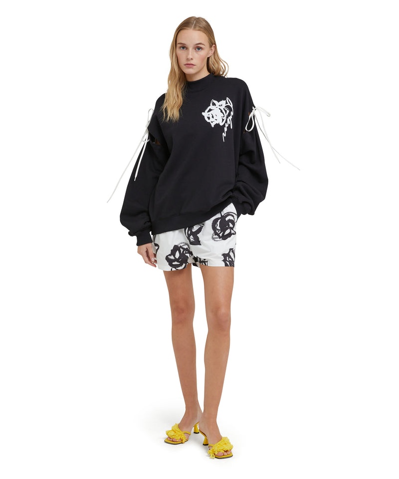 Black / White MSGM Poplin Shorts With Brushstroke Rose Print | USA_MSGM47770