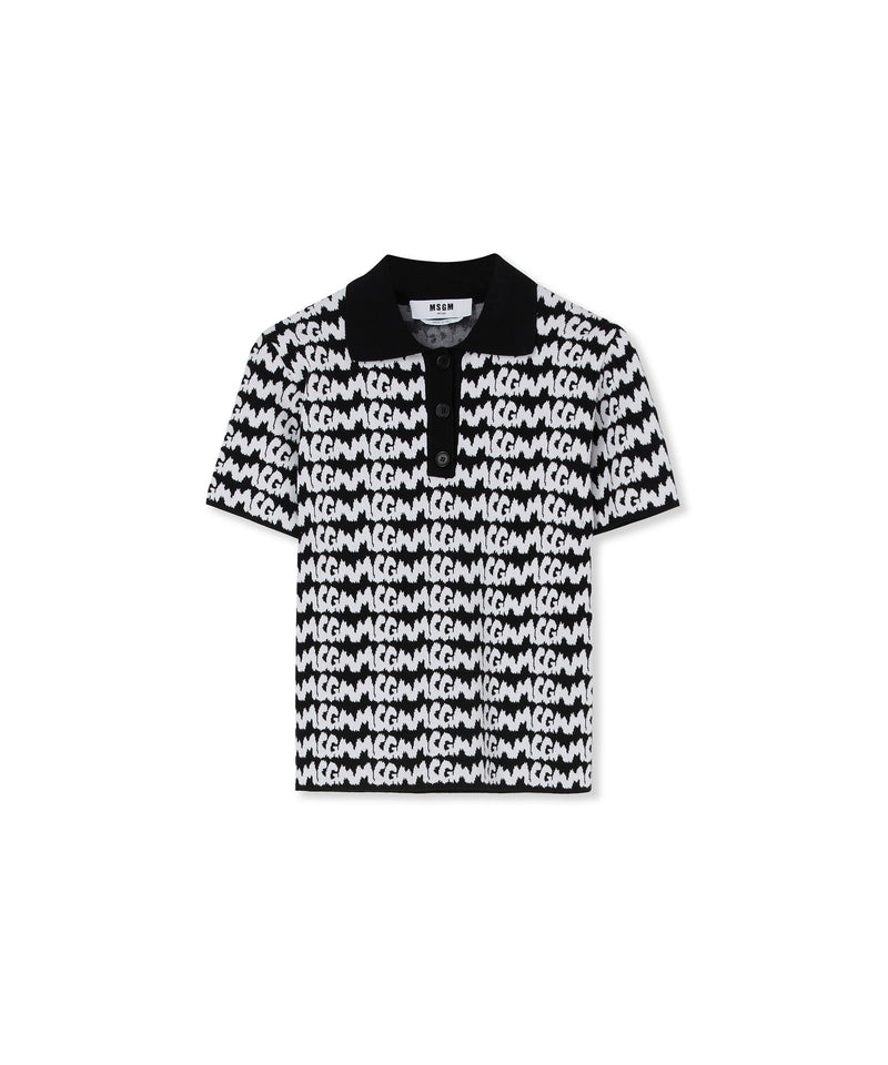 Black / White MSGM Viscose Polo Shirt With New Jaquard Brushstroke Logo All Over | USA_MSGM88682