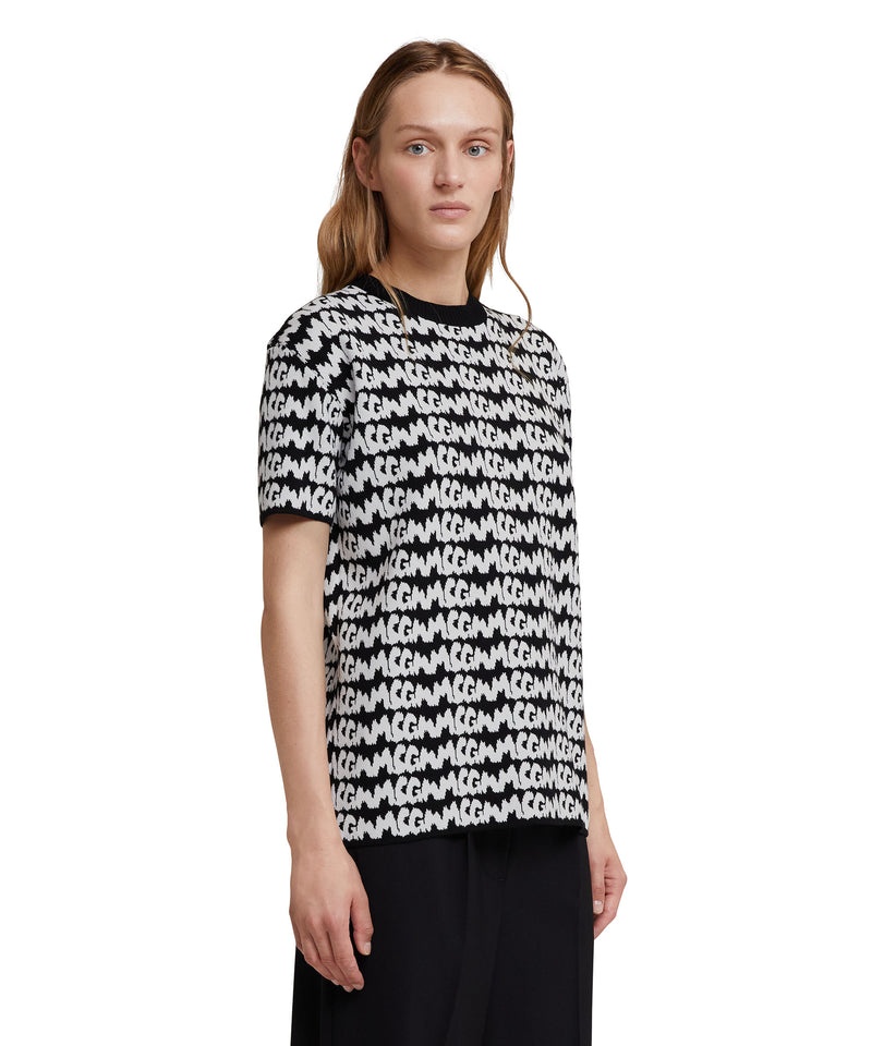 Black / White MSGM Viscose T-shirt With New Jaquard Brushstroke Logo All Over | USA_MSGM56021