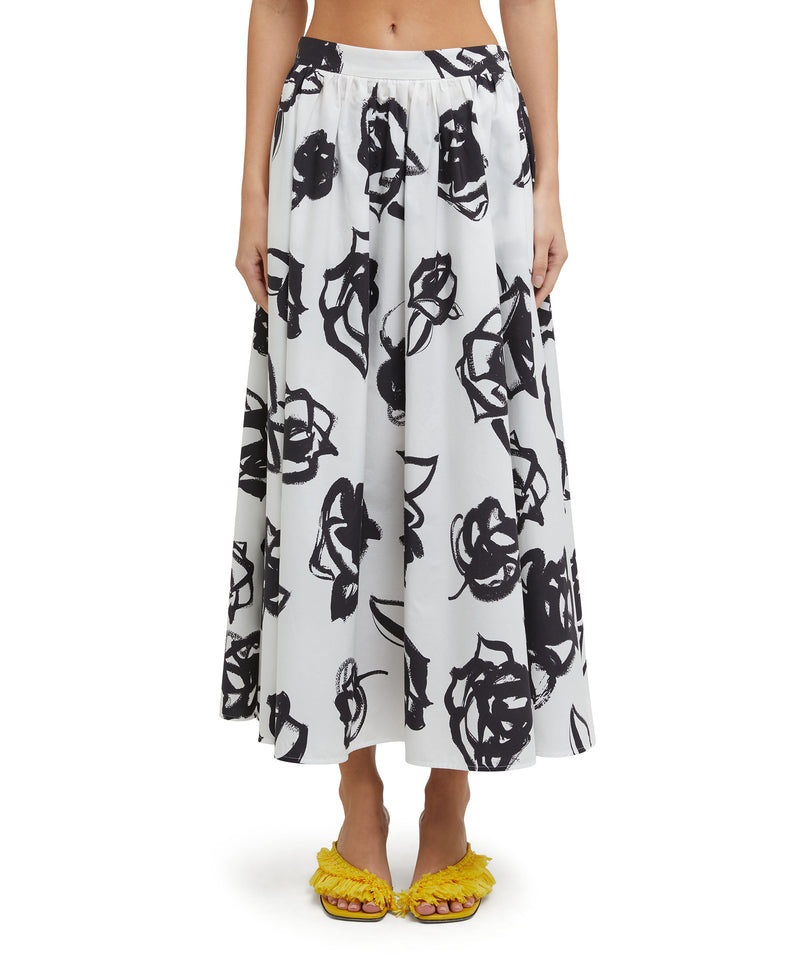 Black / White MSGM Wide Poplin Long Skirt With Rose Brushstroke Print | USA_MSGM54183