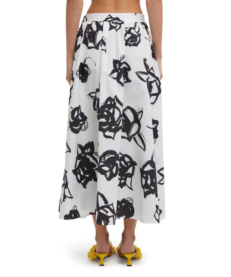 Black / White MSGM Wide Poplin Long Skirt With Rose Brushstroke Print | USA_MSGM54183