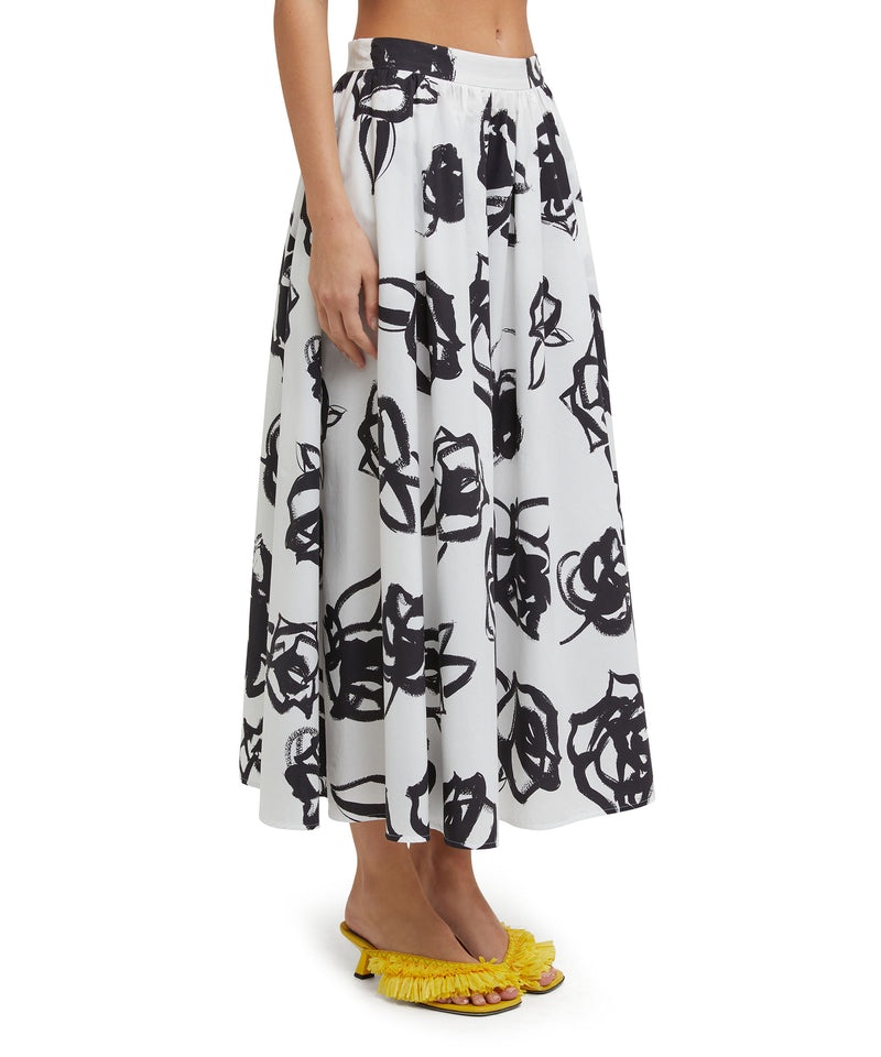 Black / White MSGM Wide Poplin Long Skirt With Rose Brushstroke Print | USA_MSGM54183