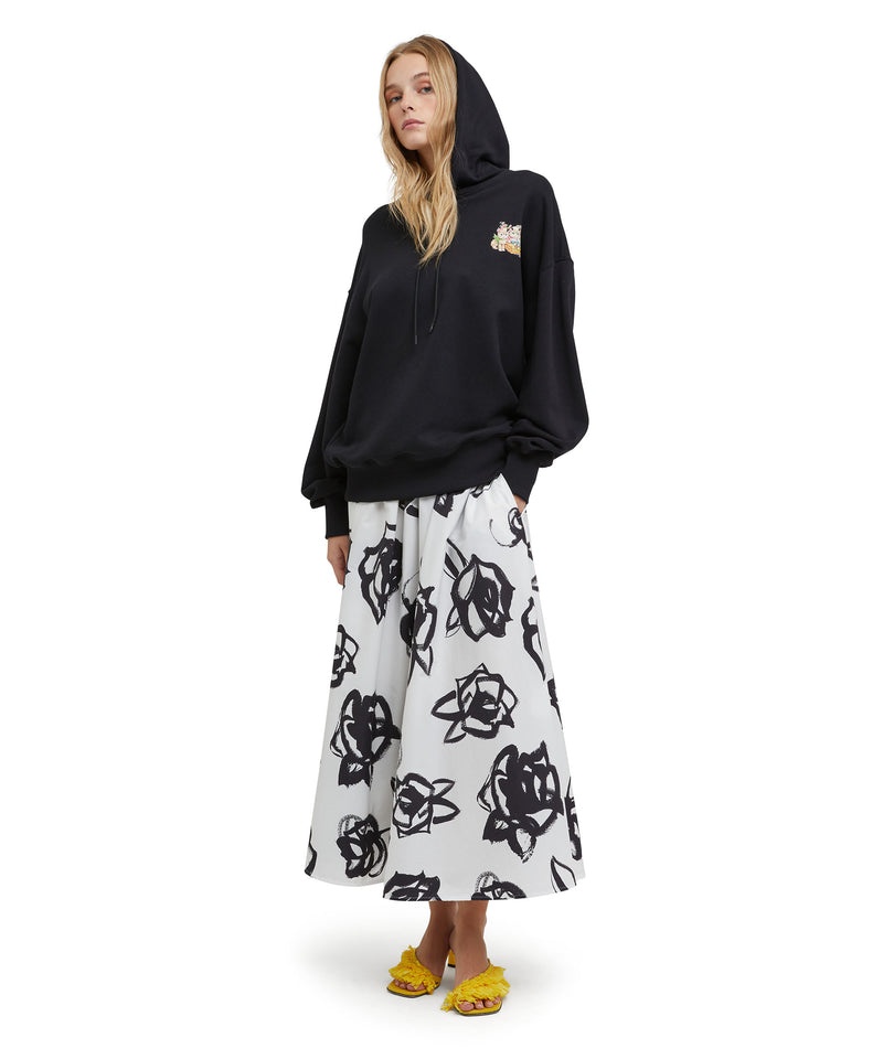 Black / White MSGM Wide Poplin Long Skirt With Rose Brushstroke Print | USA_MSGM54183