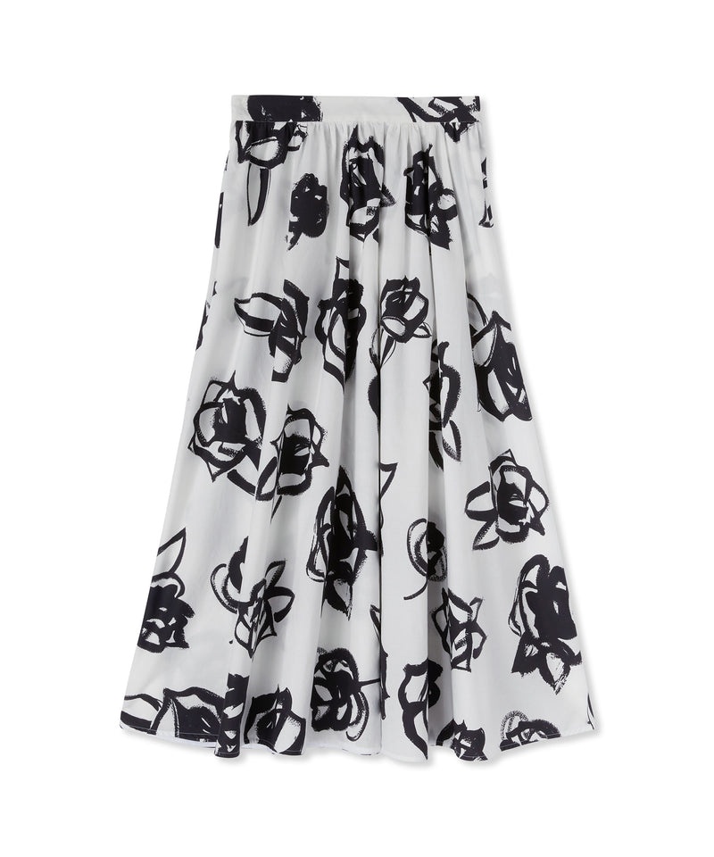 Black / White MSGM Wide Poplin Long Skirt With Rose Brushstroke Print | USA_MSGM54183