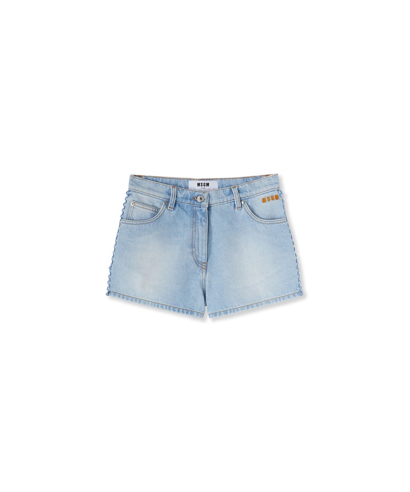 Blue MSGM 5 Pocket Light Denim Shorts With Applications | USA_MSGM97120