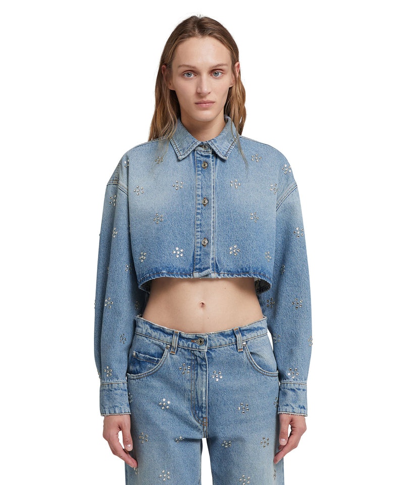 Blue MSGM Blue Denim Crop Shirt With Rhinestone Daisy Application | USA_MSGM20179