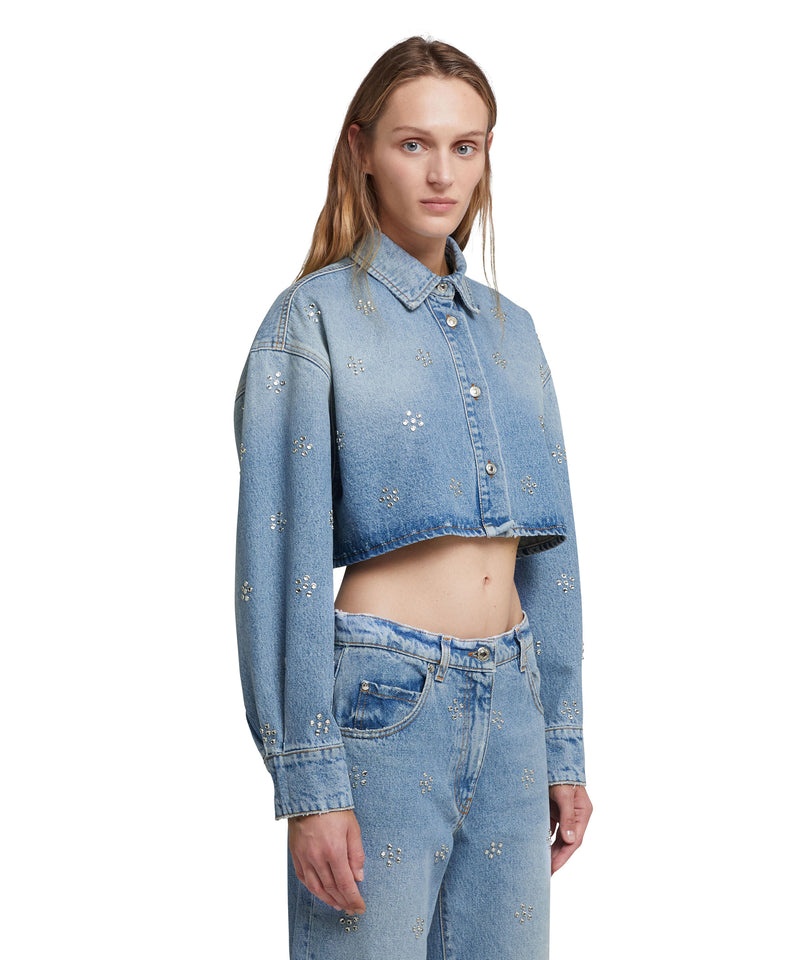 Blue MSGM Blue Denim Crop Shirt With Rhinestone Daisy Application | USA_MSGM20179