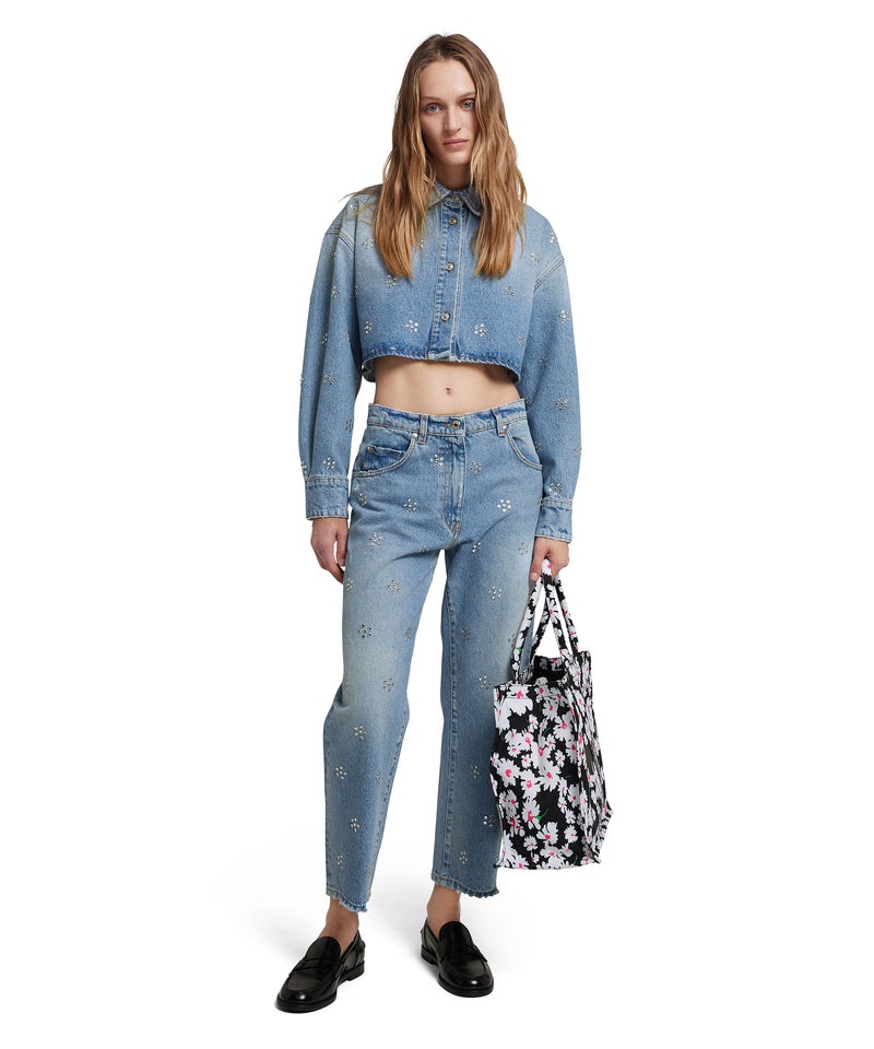 Blue MSGM Blue Denim Crop Shirt With Rhinestone Daisy Application | USA_MSGM20179