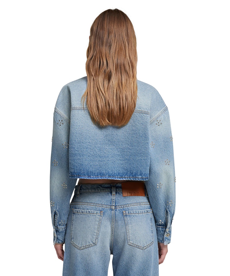 Blue MSGM Blue Denim Crop Shirt With Rhinestone Daisy Application | USA_MSGM34742