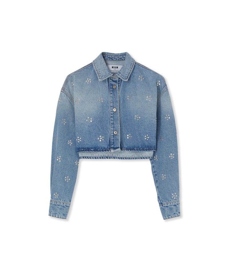 Blue MSGM Blue Denim Crop Shirt With Rhinestone Daisy Application | USA_MSGM34742