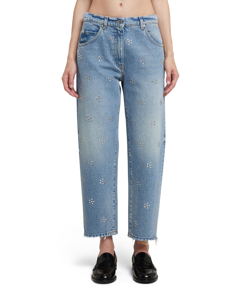 Blue MSGM Blue Denim Pants Wih 5 Pockets And Daisy Rhinestone Application | USA_MSGM60974