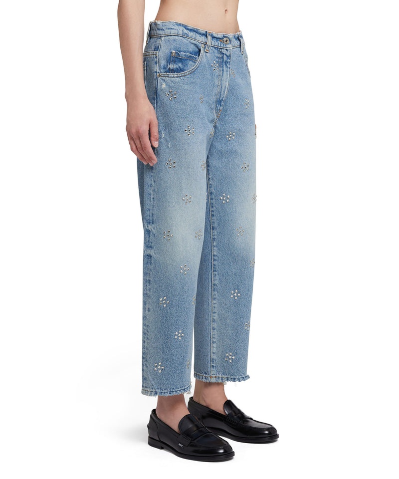 Blue MSGM Blue Denim Pants Wih 5 Pockets And Daisy Rhinestone Application | USA_MSGM60974