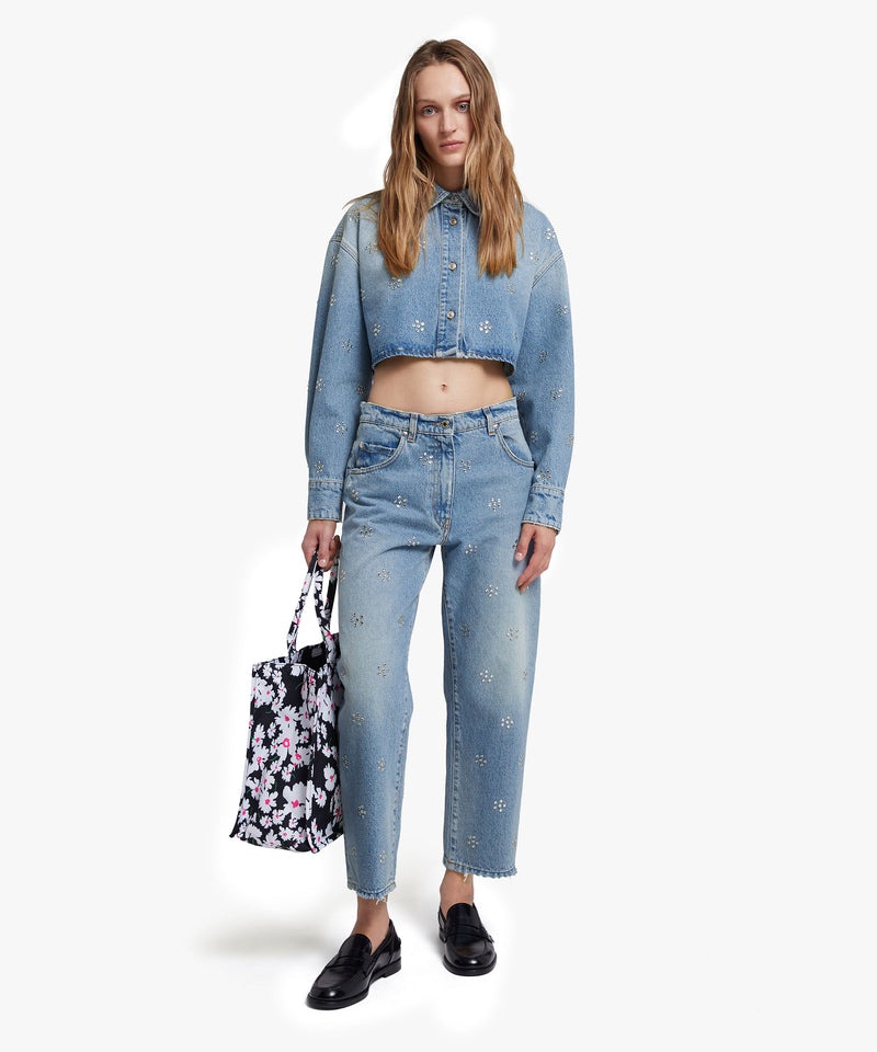 Blue MSGM Blue Denim Pants Wih 5 Pockets And Daisy Rhinestone Application | USA_MSGM60974