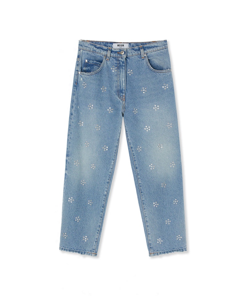 Blue MSGM Blue Denim Pants Wih 5 Pockets And Daisy Rhinestone Application | USA_MSGM60974