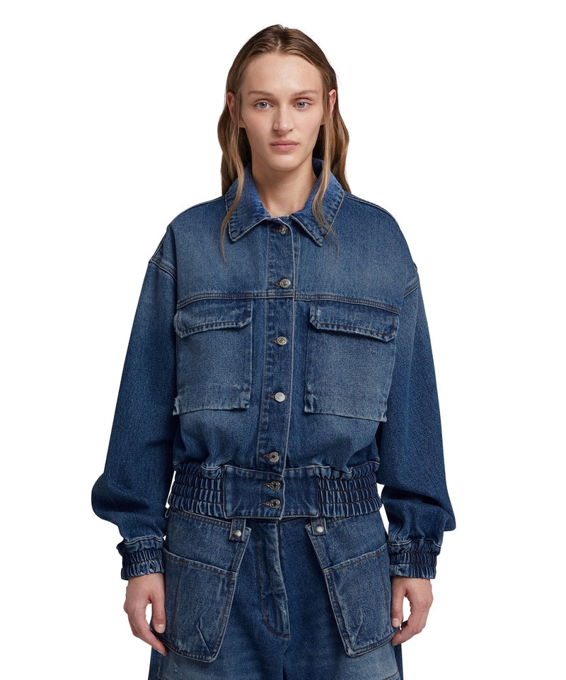 Blue MSGM Blue Denim Pocketed Crop Jacket | USA_MSGM28254