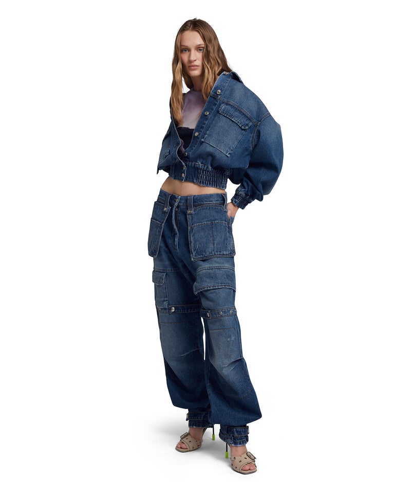 Blue MSGM Blue Denim Pocketed Crop Jacket | USA_MSGM28254