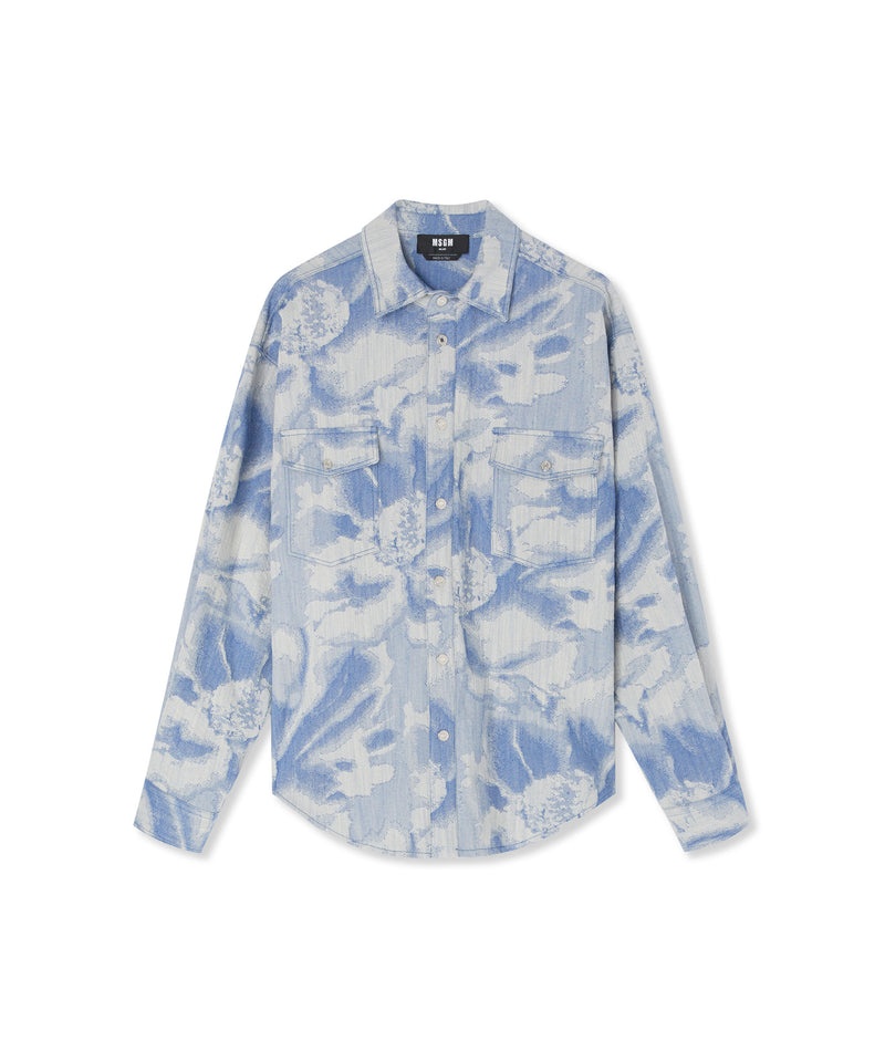 Blue MSGM Jacquard Fabric Pocketed Shirt With Large Daisy Design | USA_MSGM55017