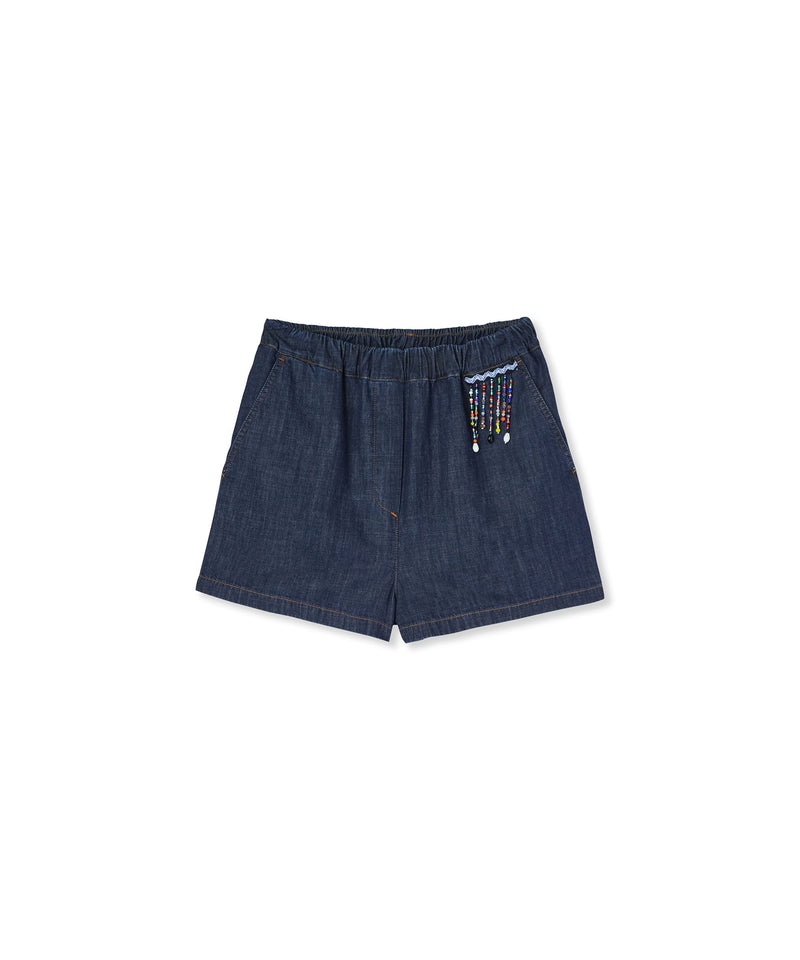 Blue MSGM Light Denim Blue Shorts With Beaded Application | USA_MSGM27757