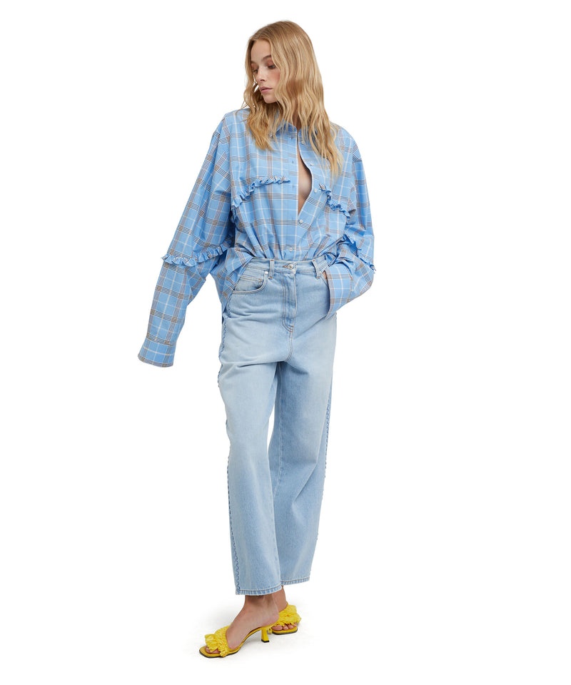 Blue MSGM Poplin Check Shirt With Small Ruffles | USA_MSGM16672