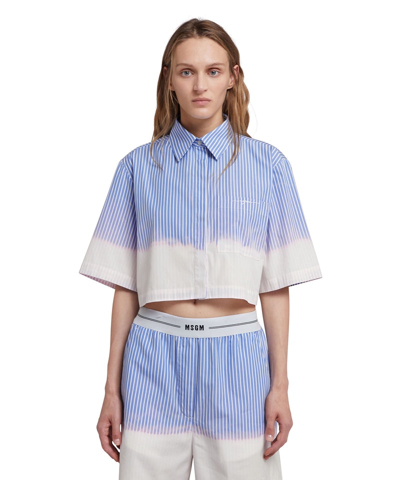 Blue / White MSGM Poplin Short Sleeve Crop Shirt With Faded Treatment | USA_MSGM54904