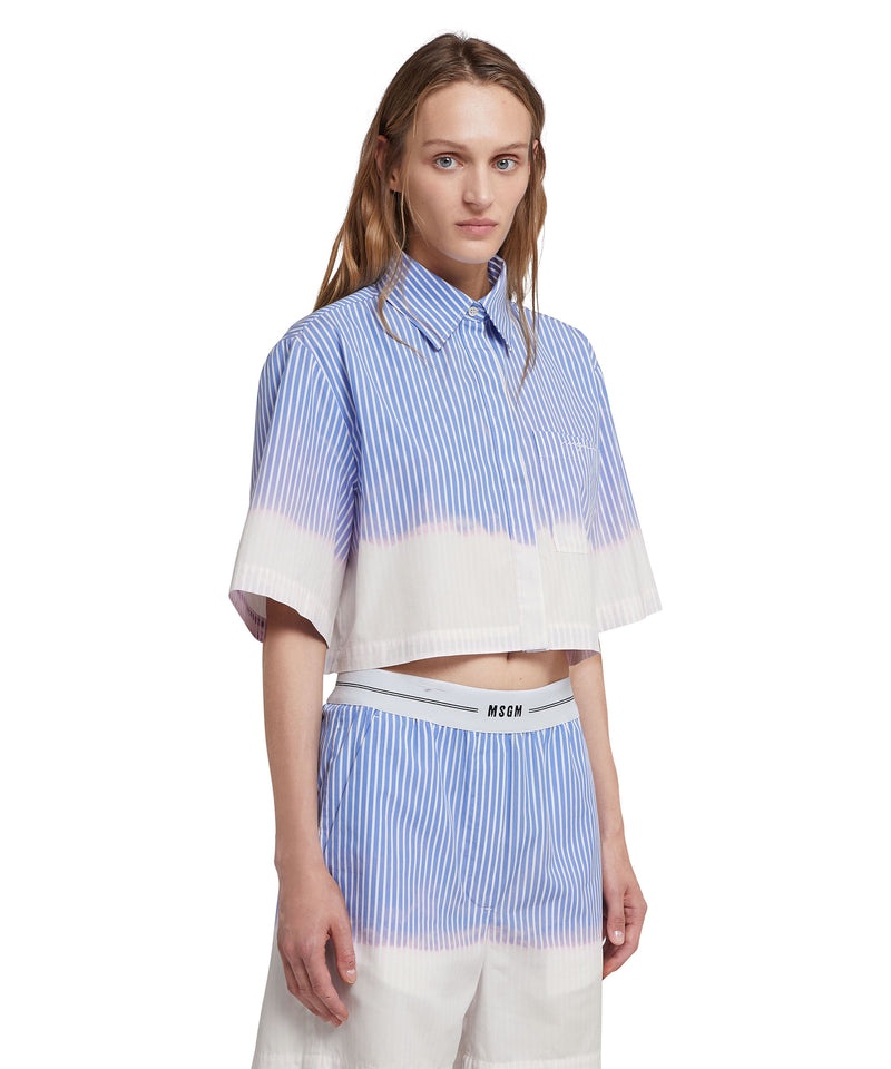 Blue / White MSGM Poplin Short Sleeve Crop Shirt With Faded Treatment | USA_MSGM54904