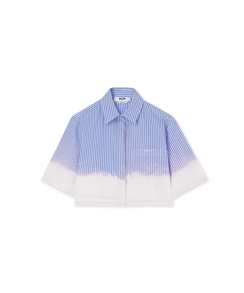 Blue / White MSGM Poplin Short Sleeve Crop Shirt With Faded Treatment | USA_MSGM82061