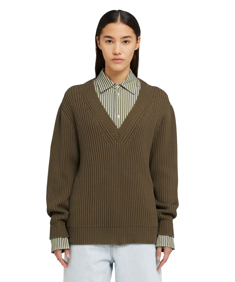 Brown MSGM English Ribbed Cotton Shirt With Poplin Application | USA_MSGM12367