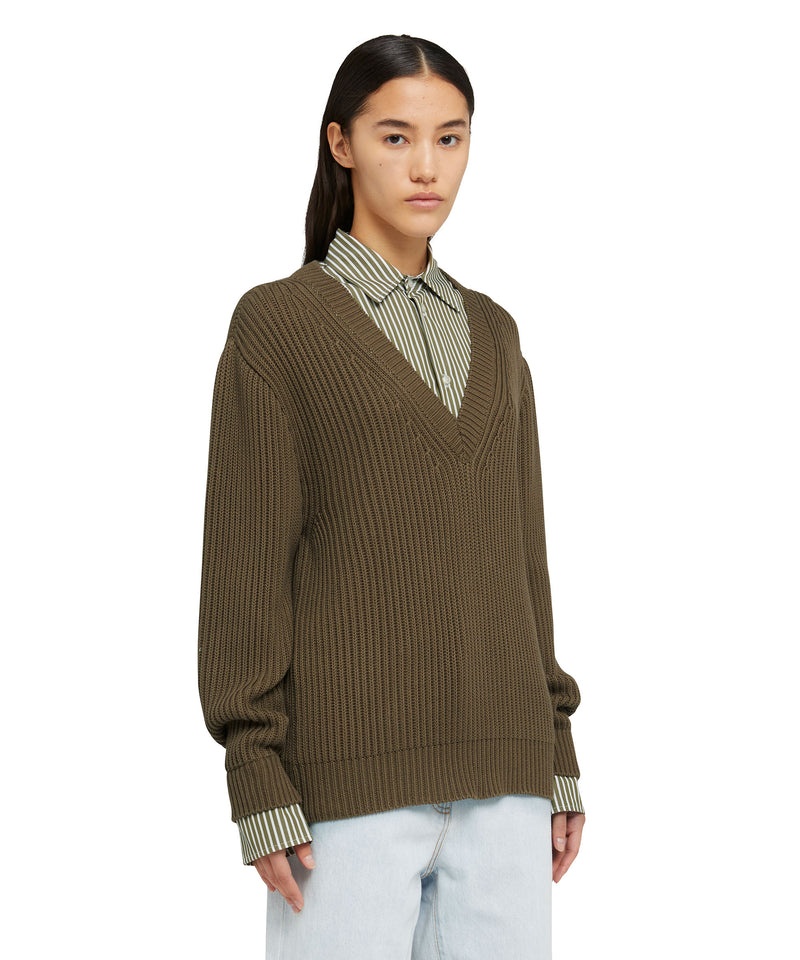 Brown MSGM English Ribbed Cotton Shirt With Poplin Application | USA_MSGM12367