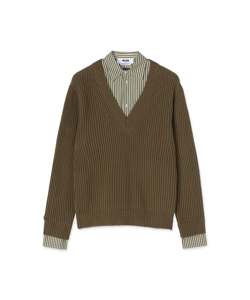 Brown MSGM English Ribbed Cotton Shirt With Poplin Application | USA_MSGM12367