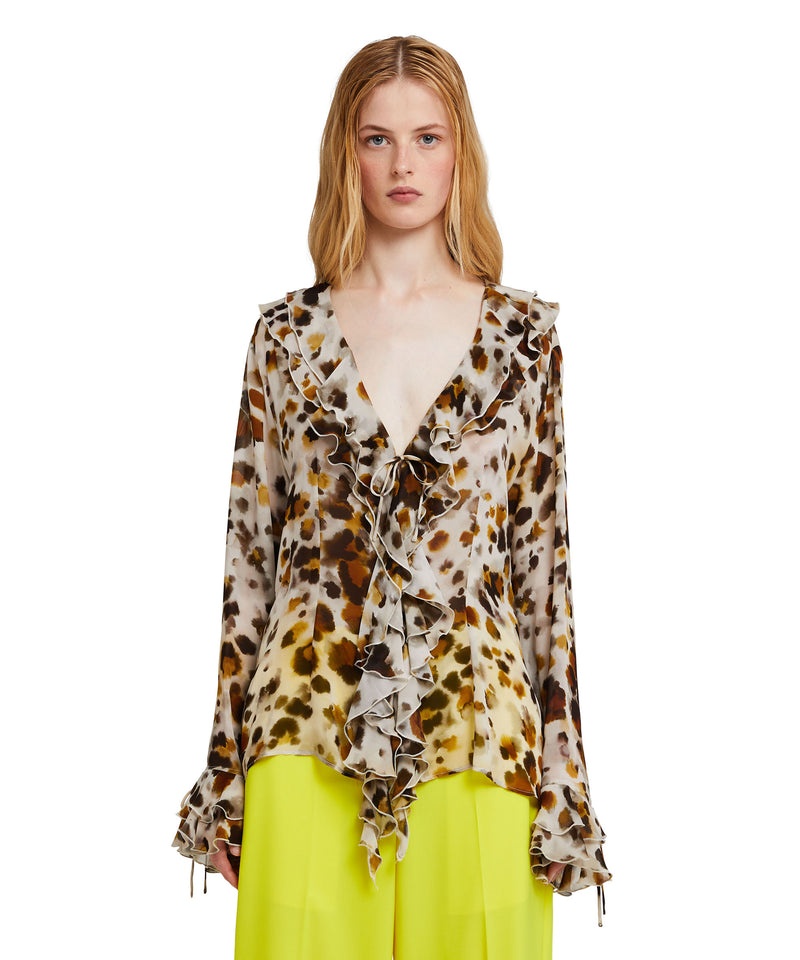 Brown MSGM Ruffled Blouse With Georgette Watercolor Leopard Print | USA_MSGM83456