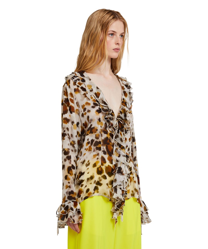 Brown MSGM Ruffled Blouse With Georgette Watercolor Leopard Print | USA_MSGM83456