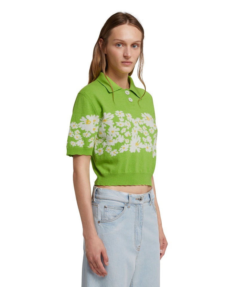 Green MSGM Blended Cashmere Polo Shirt With Jacquard Daisies | USA_MSGM80600