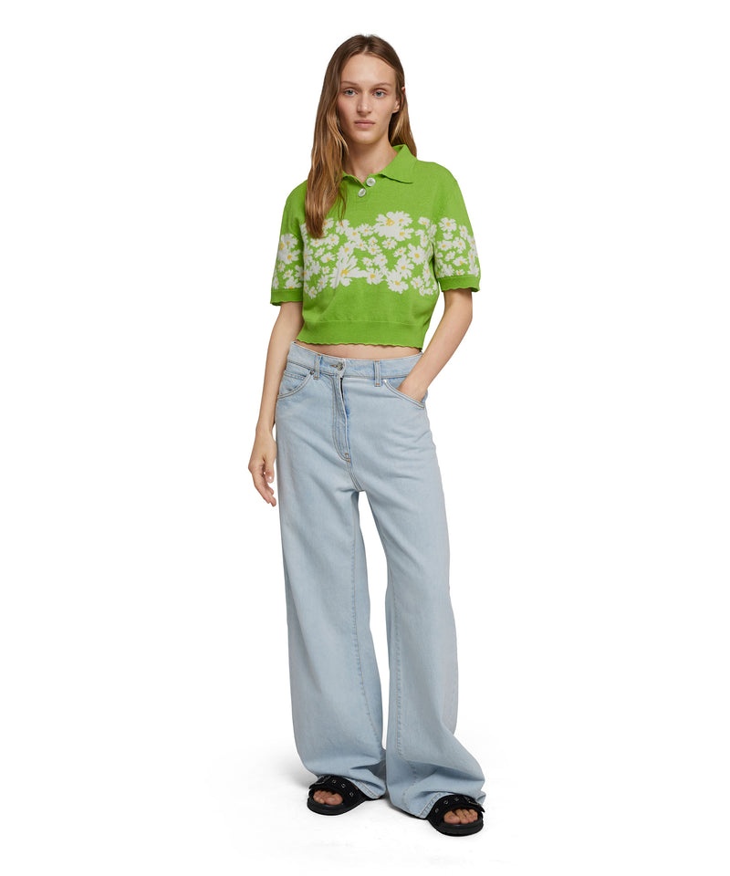 Green MSGM Blended Cashmere Polo Shirt With Jacquard Daisies | USA_MSGM80600