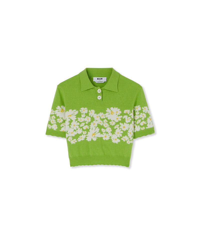 Green MSGM Blended Cashmere Polo Shirt With Jacquard Daisies | USA_MSGM80600